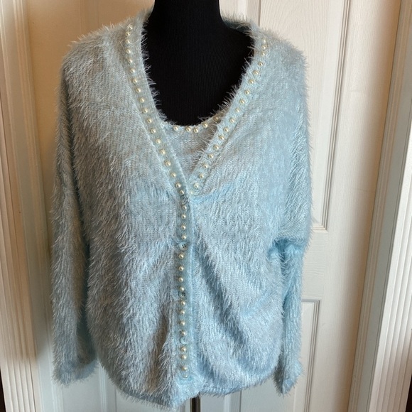 Chicme Powder Blue Women’s Eyelash Sweater Set Bandeau & V-Neck Cardigan XL NEW - Picture 1 of 7